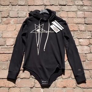 [Brand New] Rick Owens x Champion Black Snap-Button Onesie Hoodie